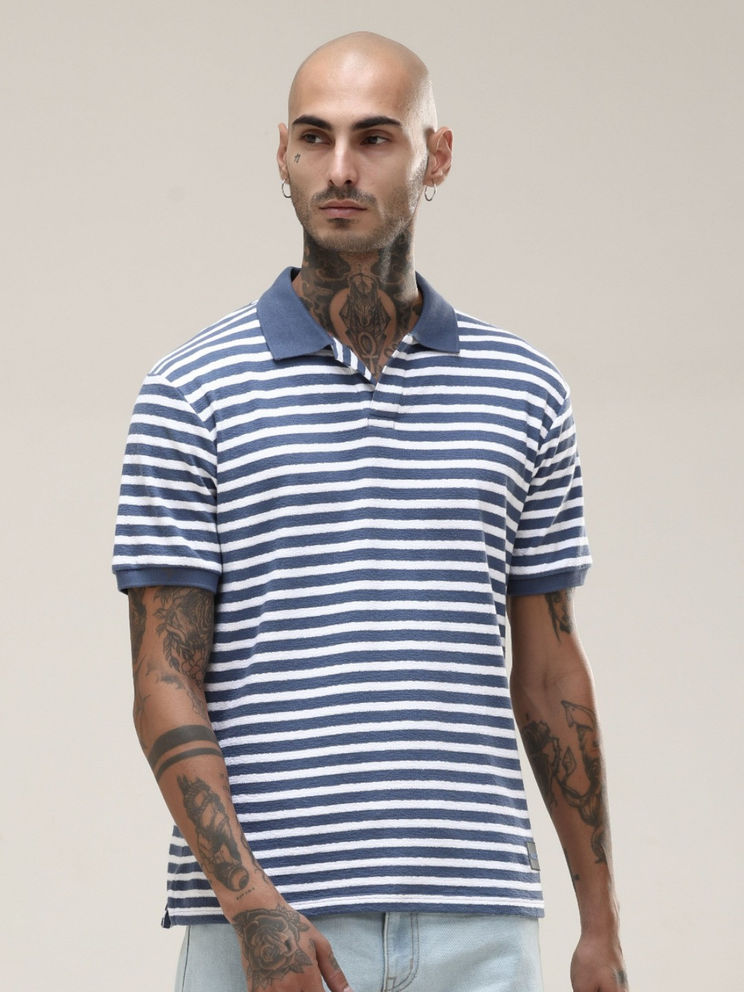 

VUDU Men Striped Polo Collar Cotton T-shirt, Blue