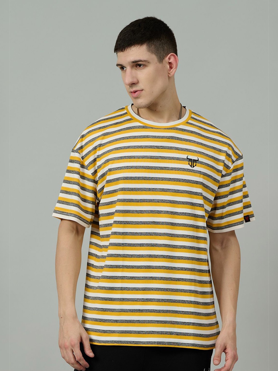 

GO DEVIL Men Striped Round Neck Cotton Relaxed Fit T-shirt, Yellow