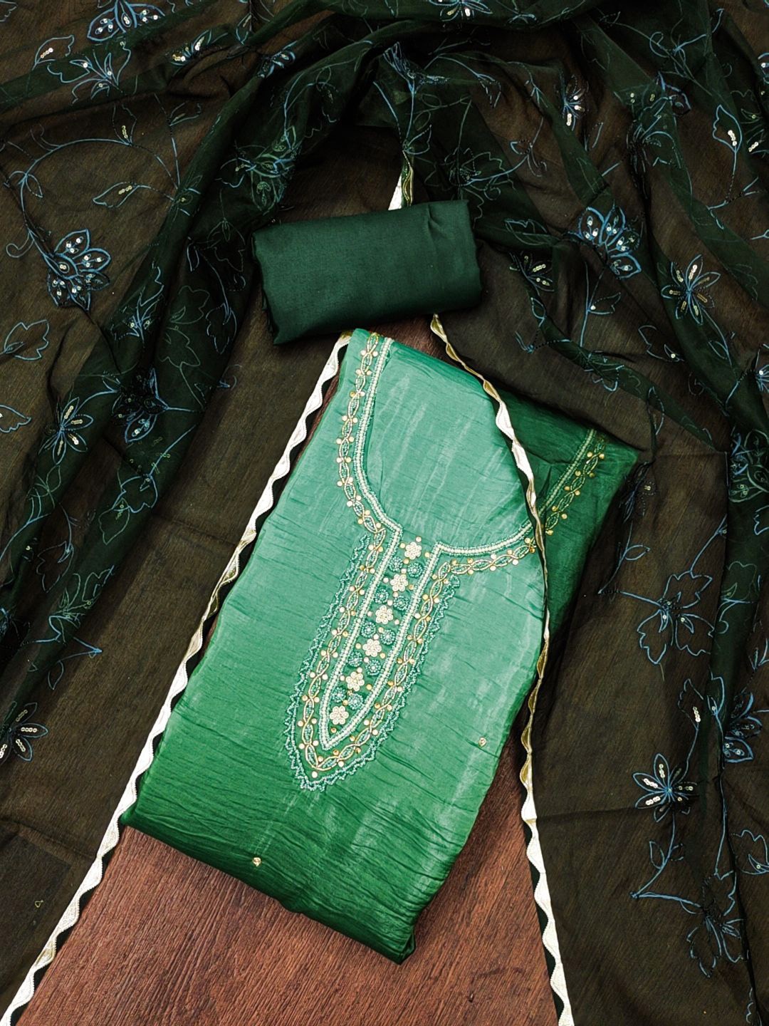 

Maroosh Floral Embellished Beads and Stones Unstitched Dress Material, Green
