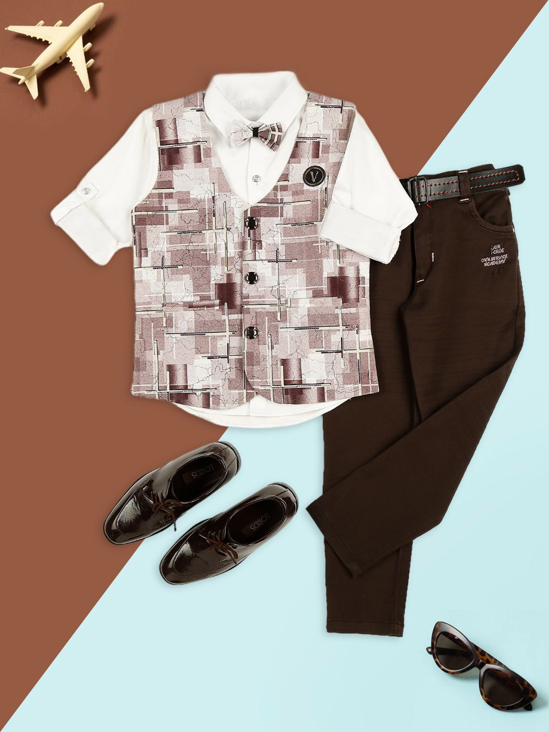 

YK Boys Printed Single-Breasted Three-Piece Suit Set, Brown