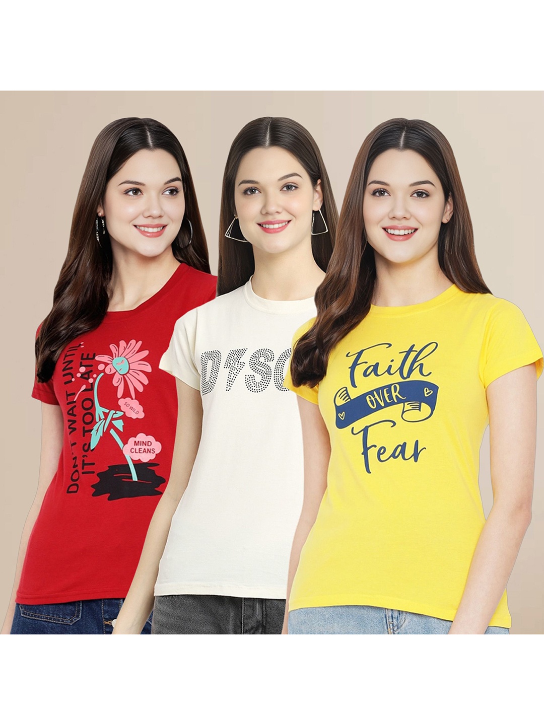 

Metronaut Women Pack Of 3 Typography Printed Round Neck Cotton T-shirts, Red