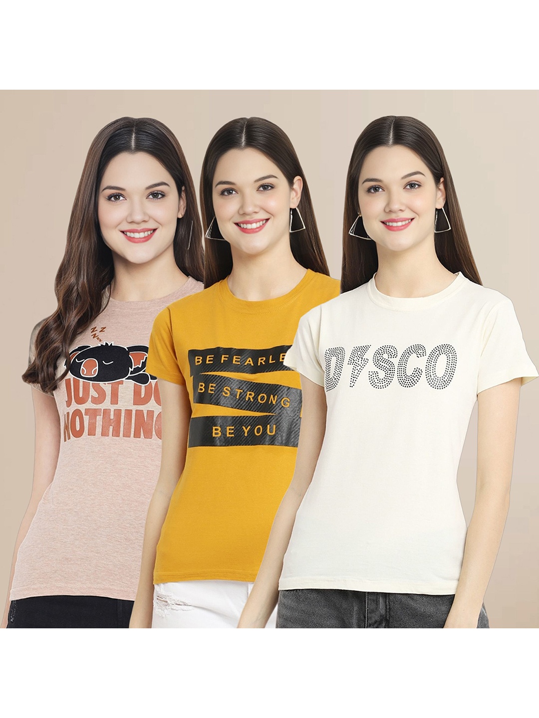 

Metronaut Women Pack Of 3 Typography Printed Round Neck Cotton T-shirts, Beige