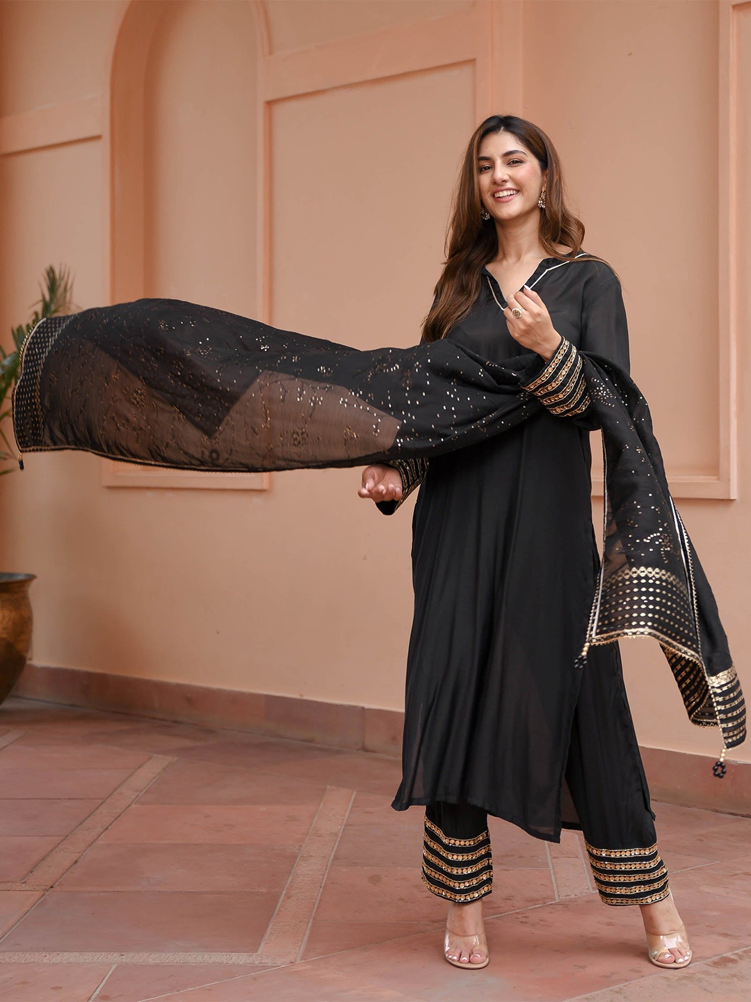 

Bunaai Anarkali Cotton Silk Kurta with Palazzos & Dupatta, Black
