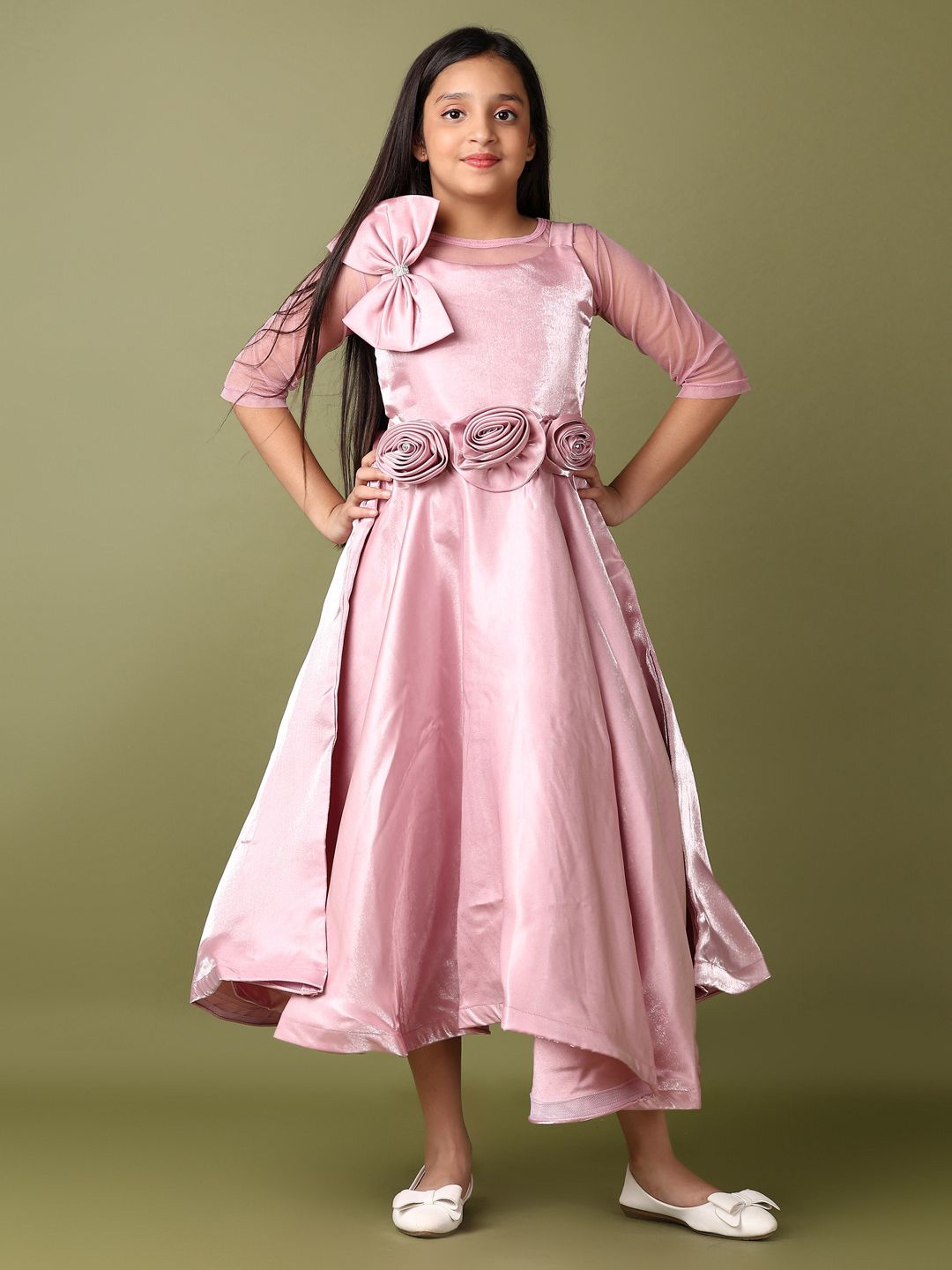 

V-Mart Round Long Sleeves Neck Fit & Flare Dress, Pink