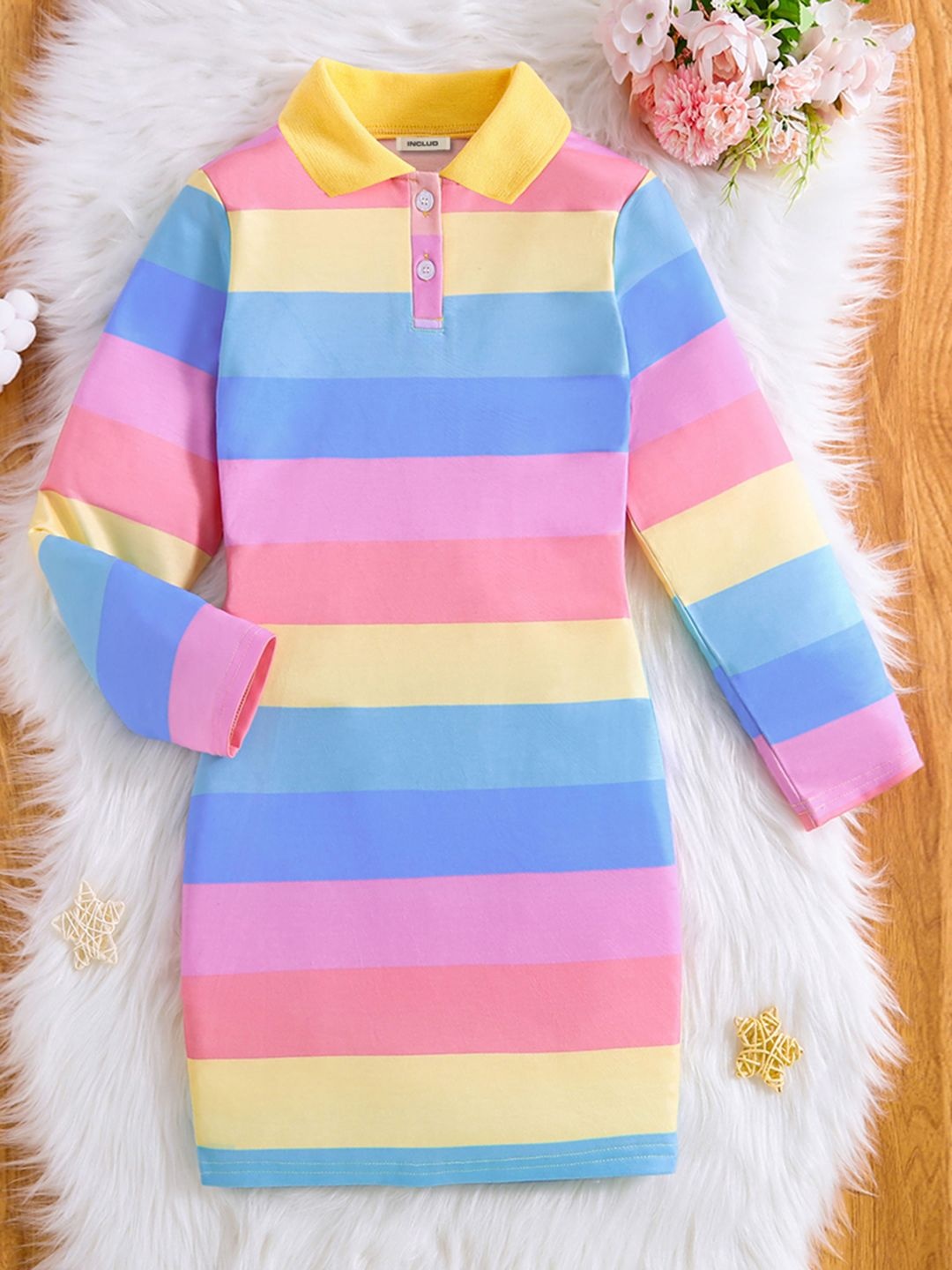 

INCLUD Girl's Striped Shirt Collar Bodycon Dress, Multi