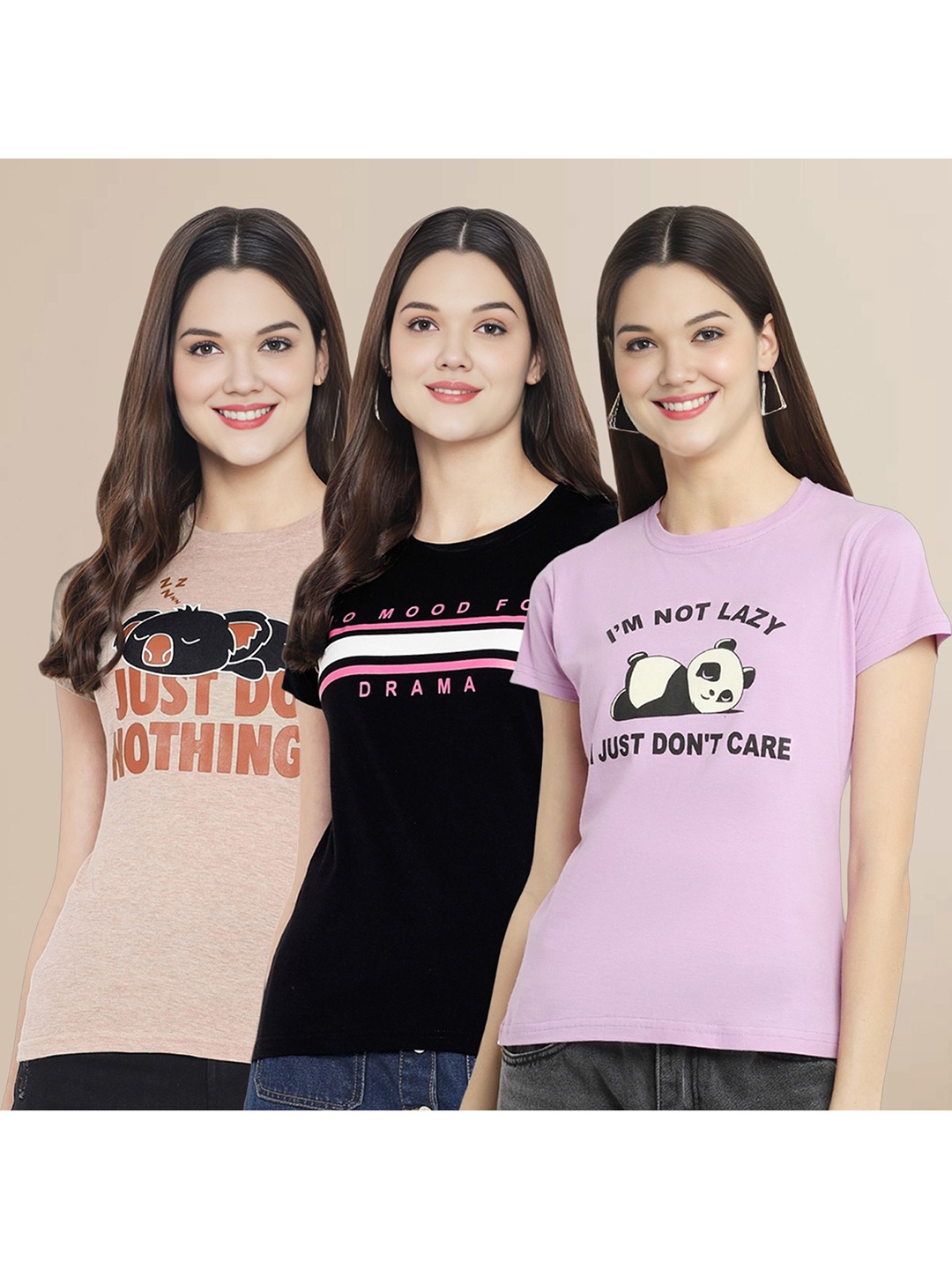 

Metronaut Women Pack Of 3 Typography Printed Round Neck Cotton T-shirts, Black