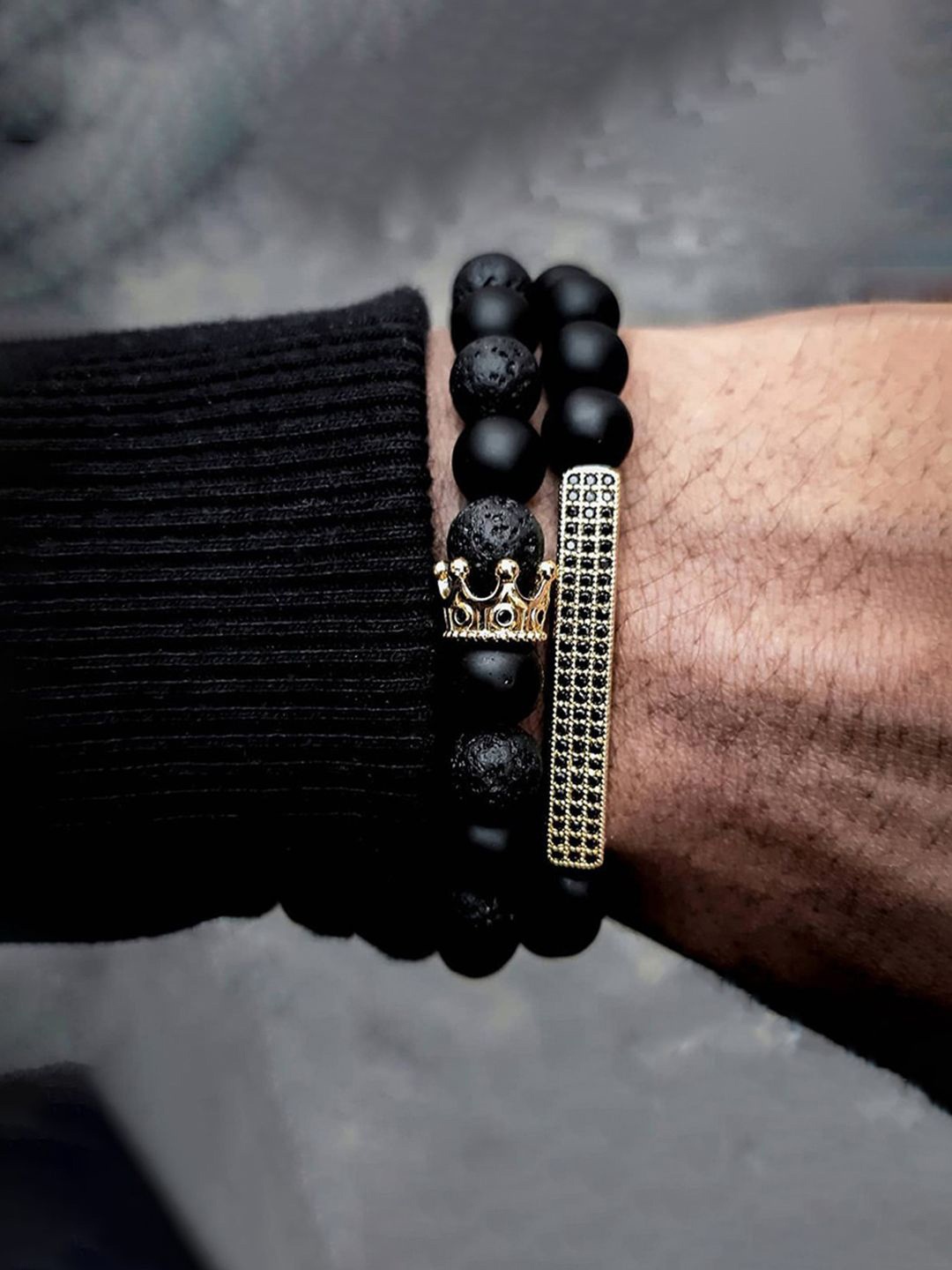 

Jewels Galaxy Men Set Of 2 Silver-Plated Beaded Elasticated Bracelets, Gold