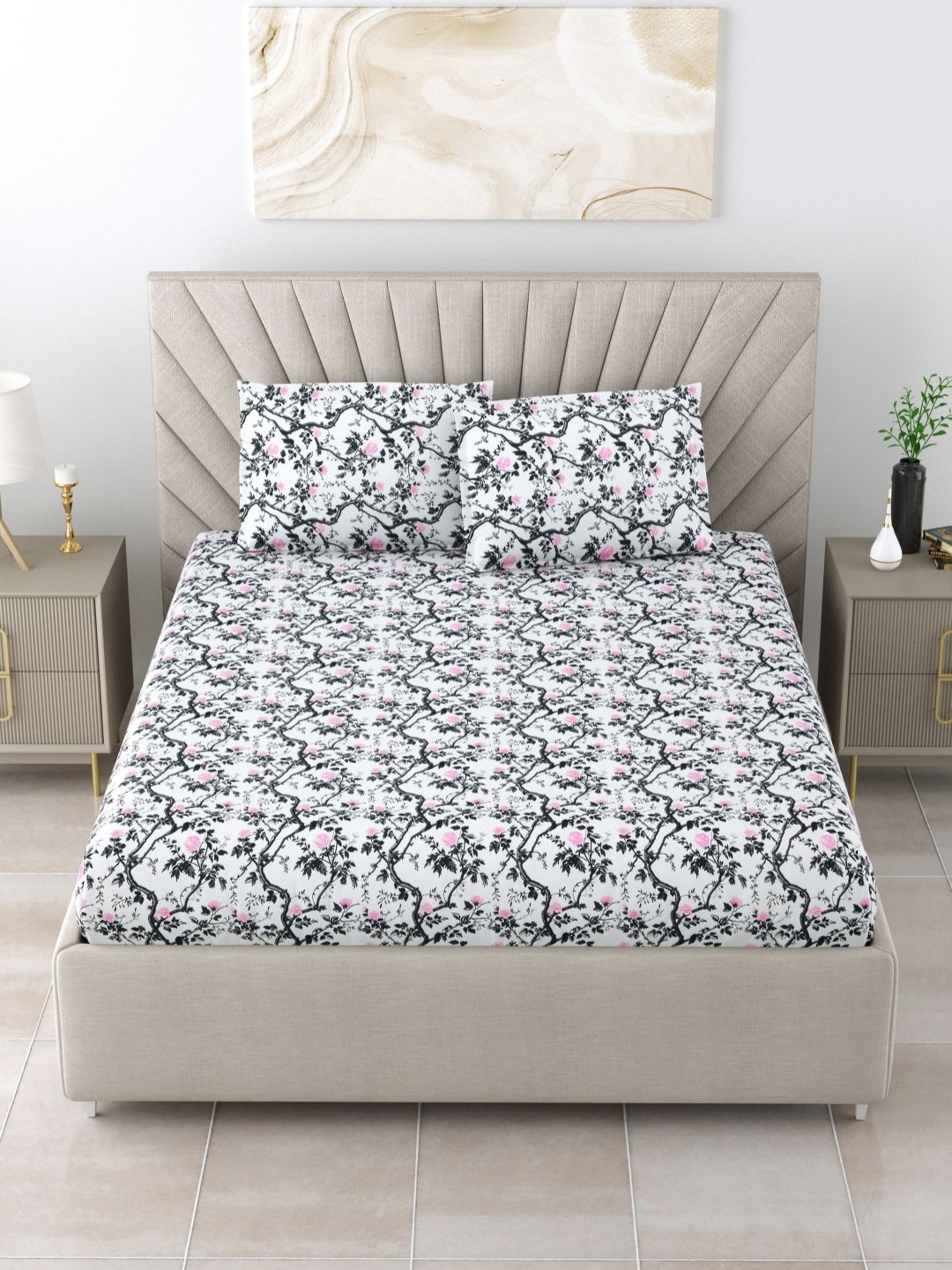 

BOMBAY DYEING Florentine Grey Floral Cotton 144 TC Queen Bedsheet Set 2.28 m x 2.54 m