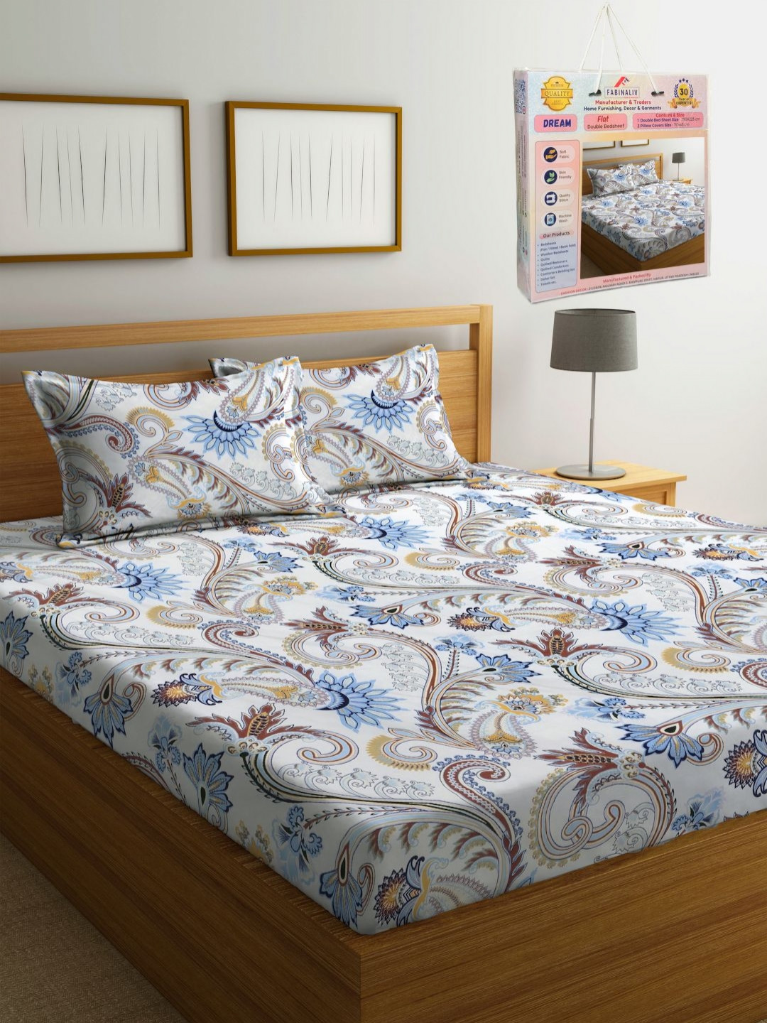 

FABINALIV Brown & Blue Floral 300 TC King Bedsheet with 2 Pillow Covers