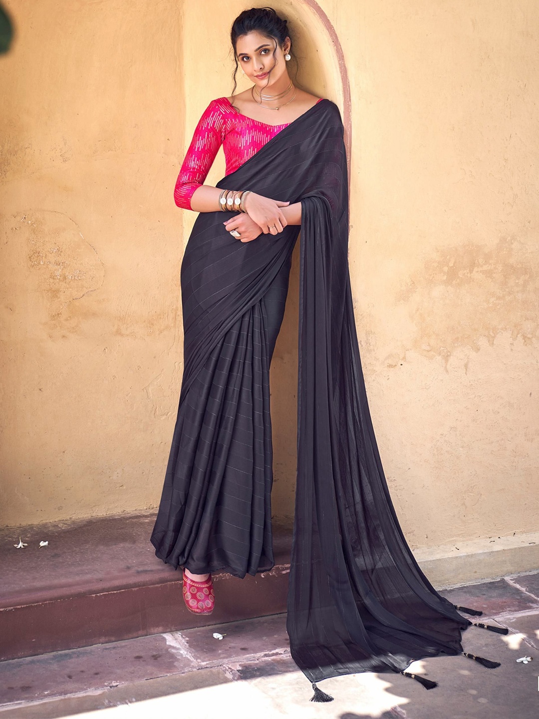 

MAHALASA Striped Full Sequence Saree, Black