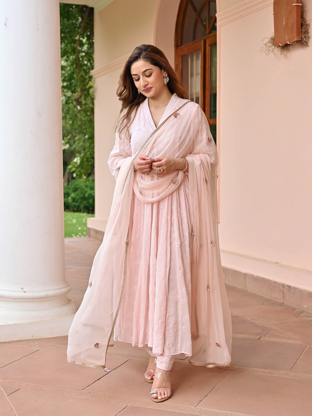 

Bunaai Floral Embroidered Anarkali Kurta with Trousers & Dupatta, Pink