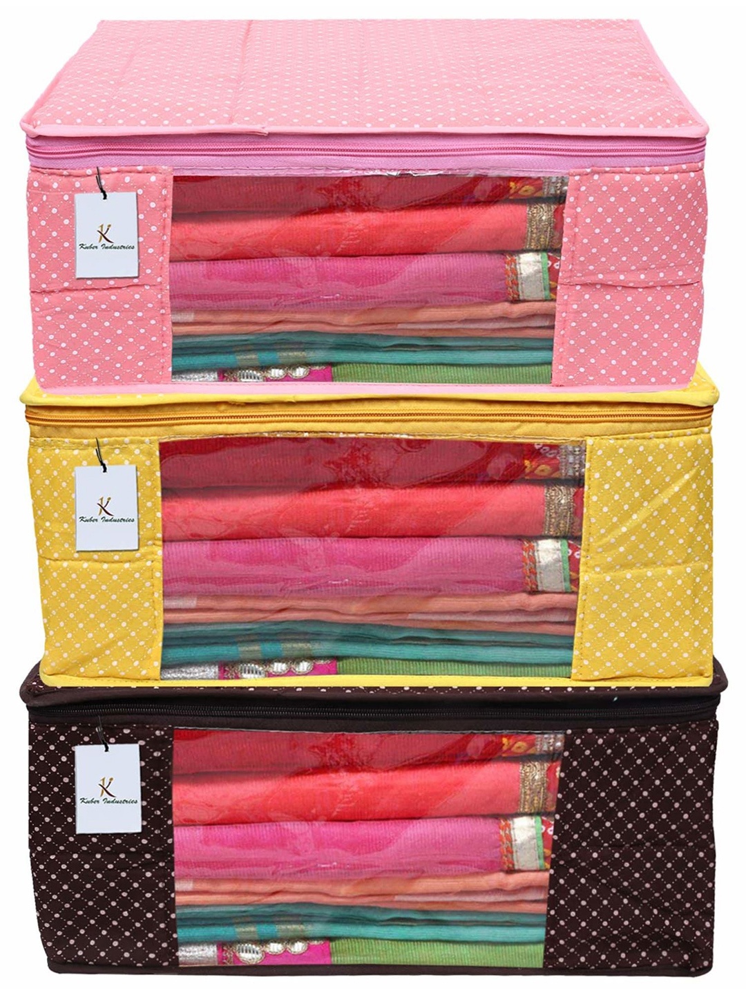 

Kuber Industries Pink 3 Pieces Polka Dots Printed Cotton Drawer Organisers