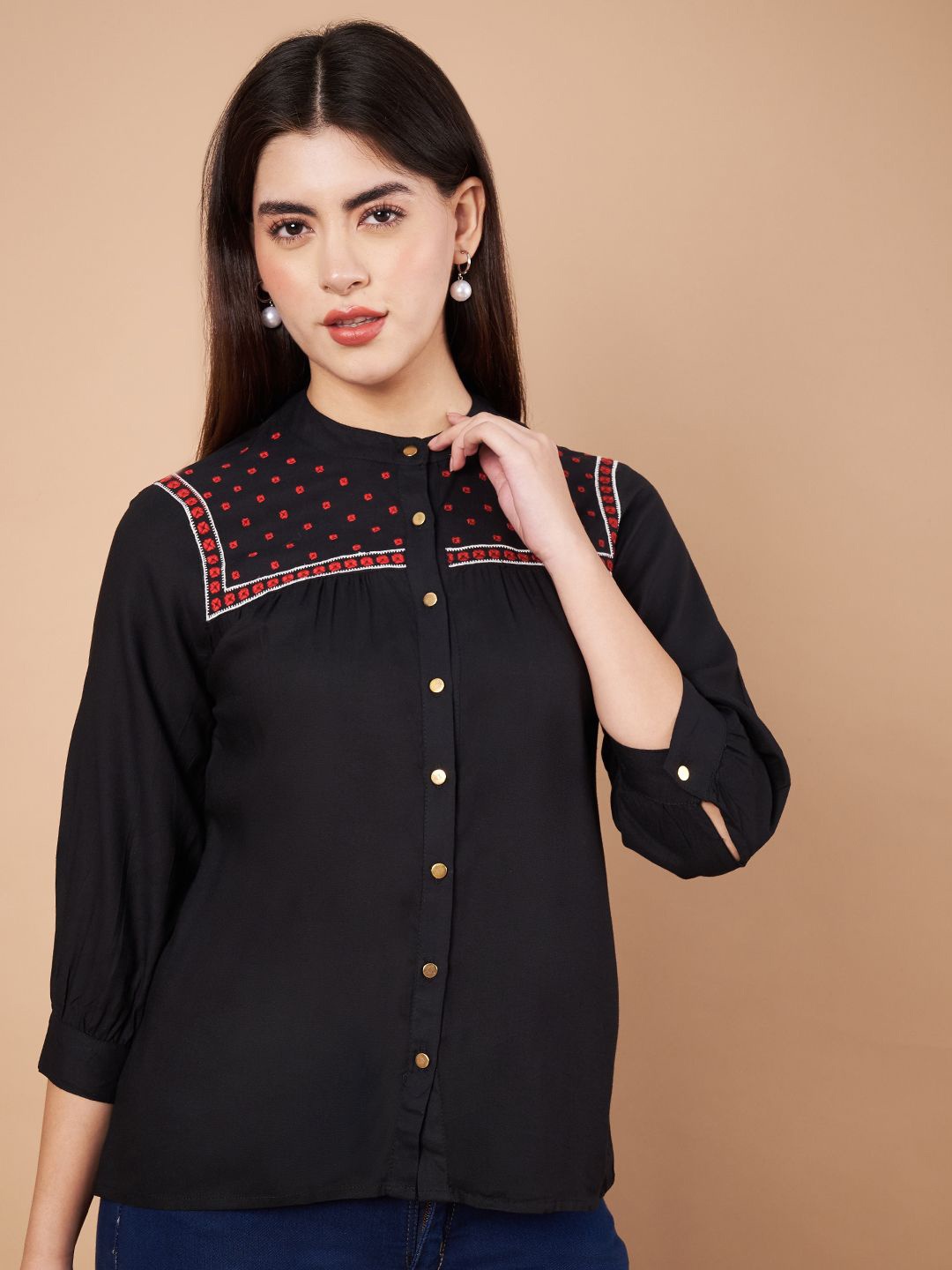 

all about you Women Embroidered Shirt Style Regular Top, Black