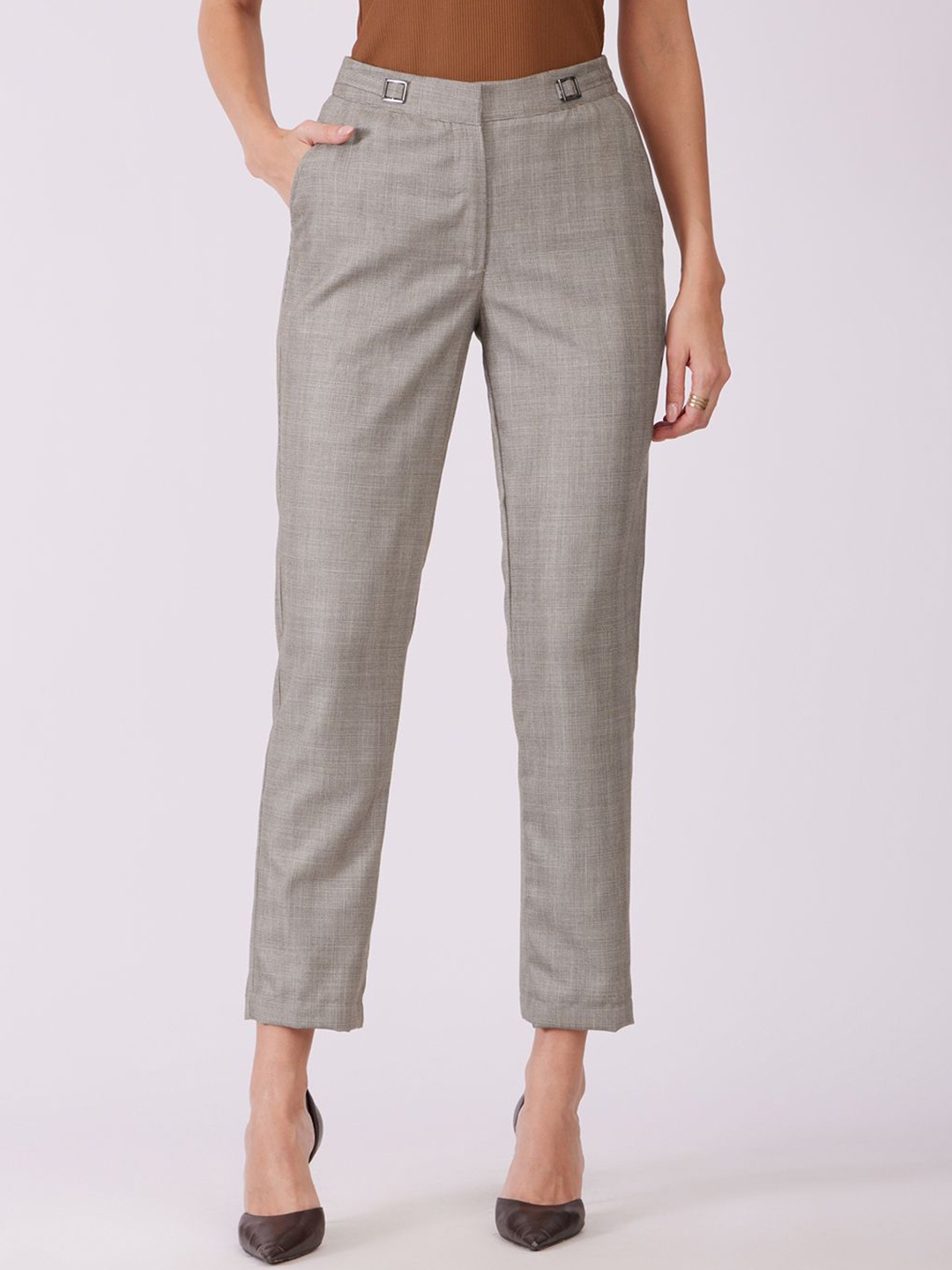 

FableStreet Women Checked Tailored Straight Fit Formal Trousers, Beige