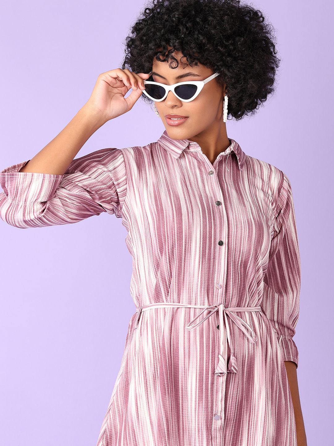 

V-Mart Women Cotton Print A-Line Shirt Collar Three-Quarter Sleeves Dress, Purple