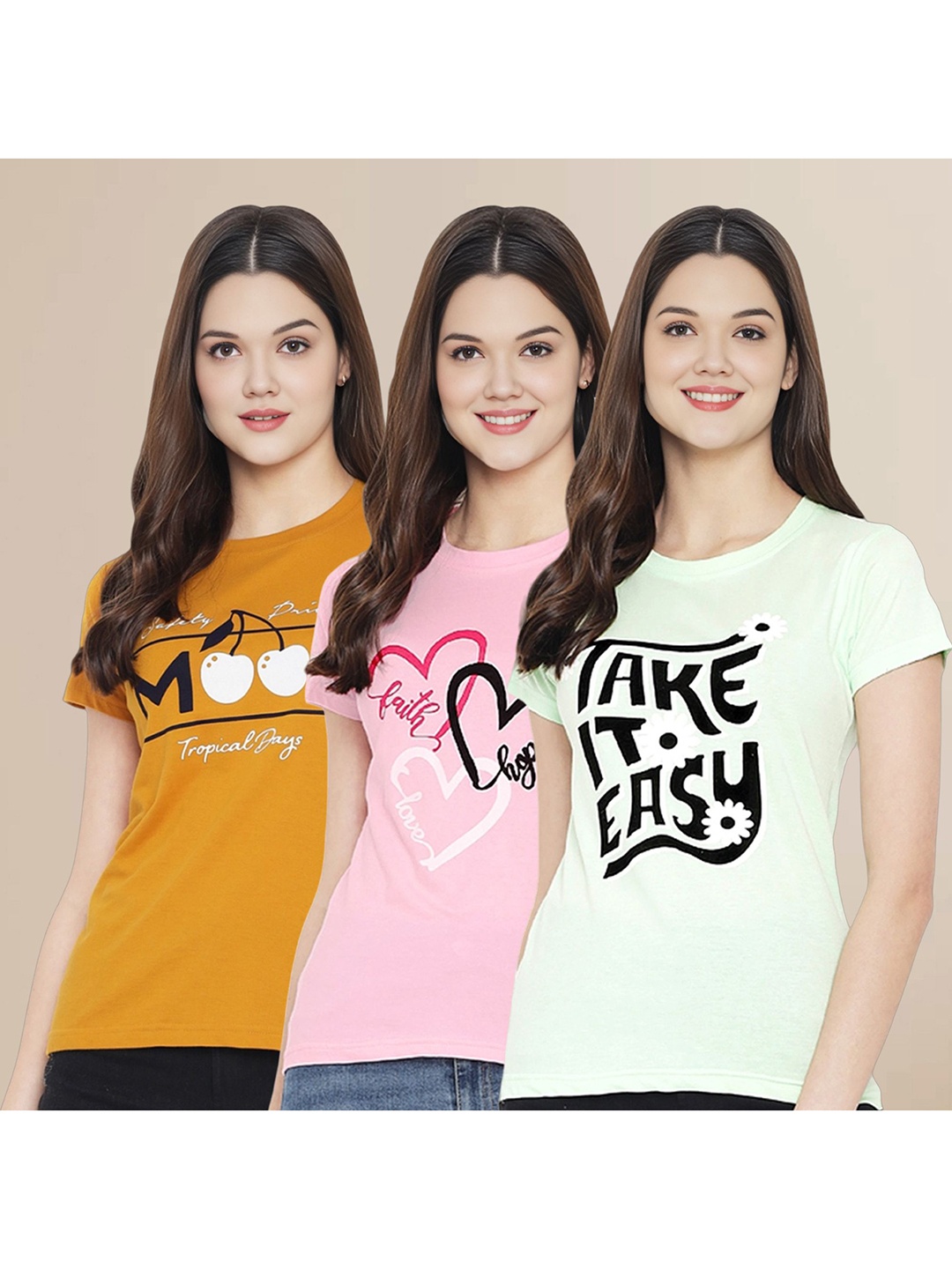 

Metronaut Women Pack Of 3 Typography Printed Round Neck Cotton T-shirts, Mustard