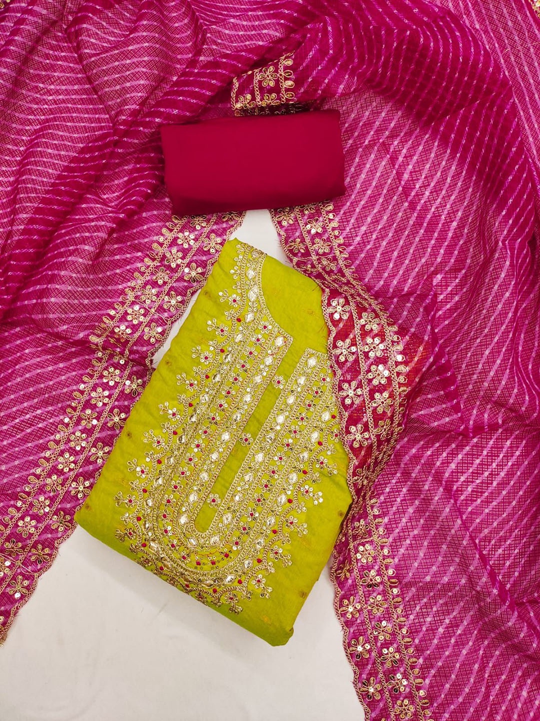 

Maroosh Floral Embellished Unstitched Dress Material, Lime green
