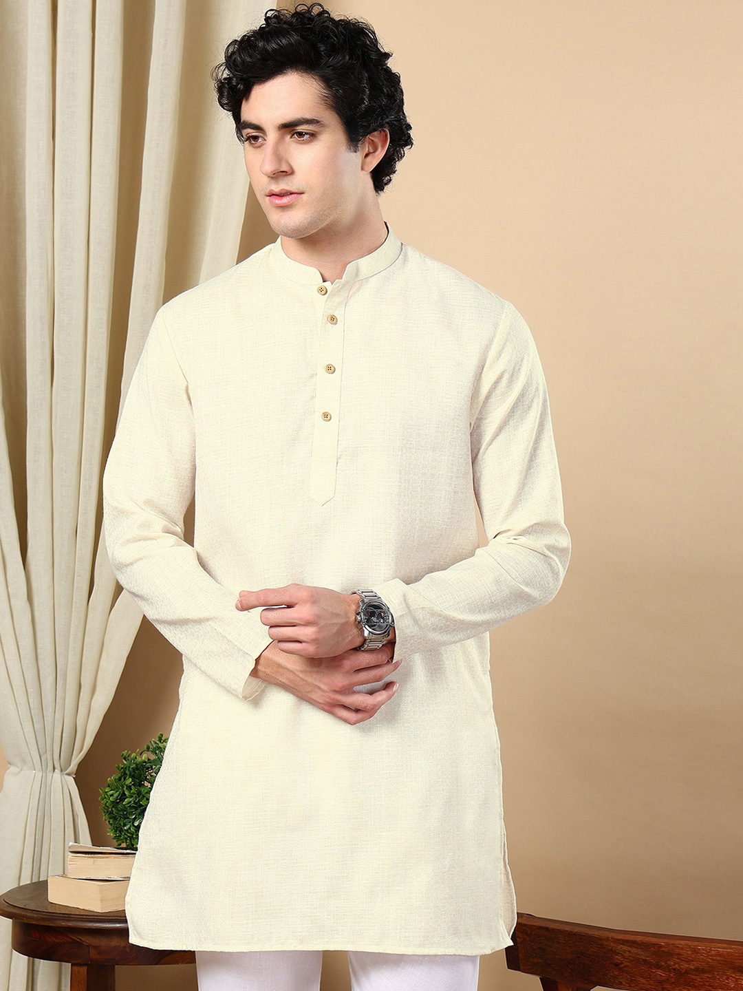 

TATTVA Mandarin Collar Woven Design Straight Kurta, Cream