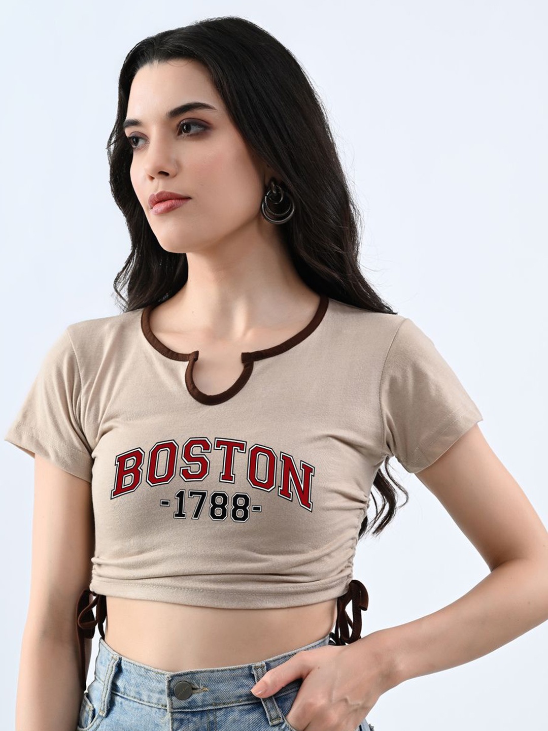 

Genzy Women Printed Cotton Crop Top, Beige