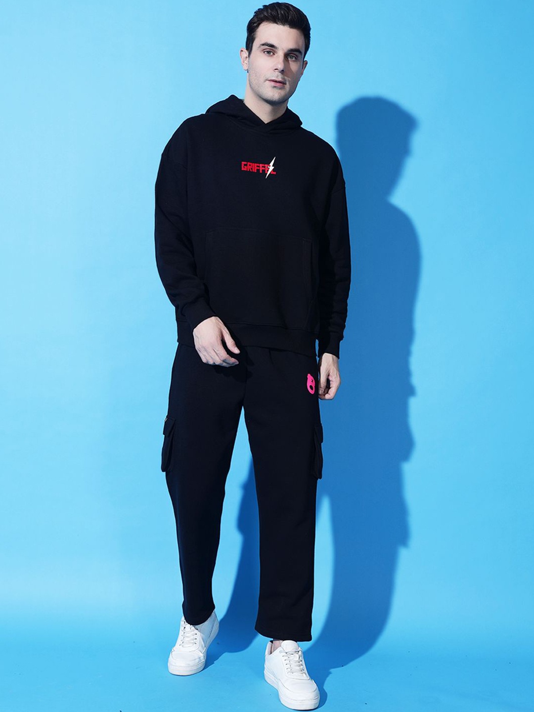 

GRIFFEL Men Typography Printed Mid-Rise Hooded Tracksuits, Black