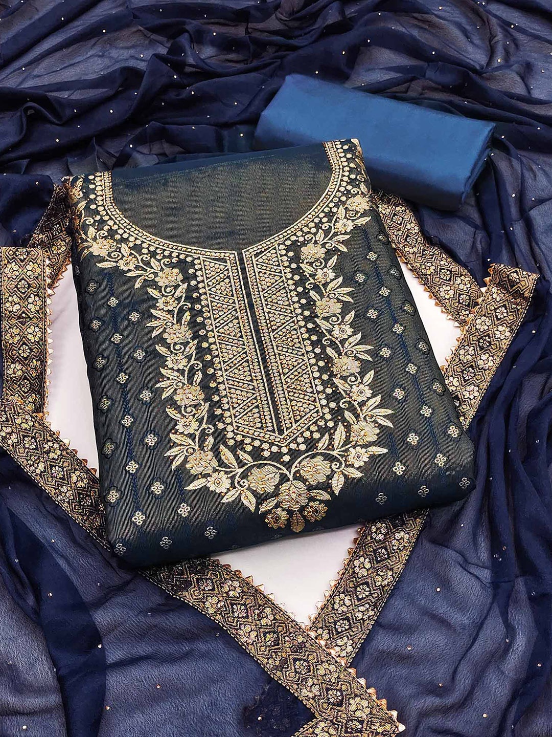 

Peachmode Floral Woven Design Beads & Stones Unstitched Dress Material, Navy blue