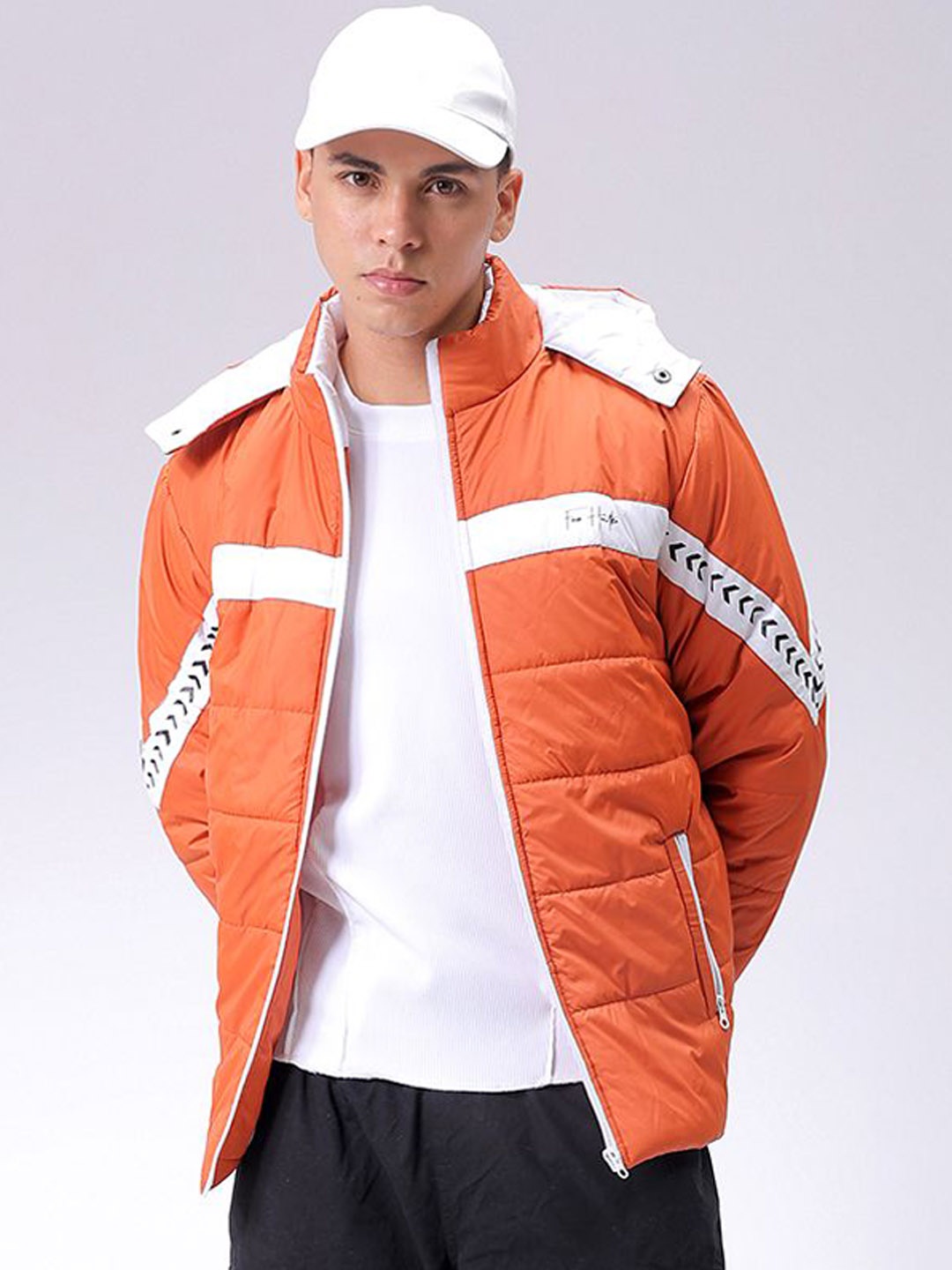 

The Indian Garage Co Men Hooded Striped Casual Padded Jacket, Orange