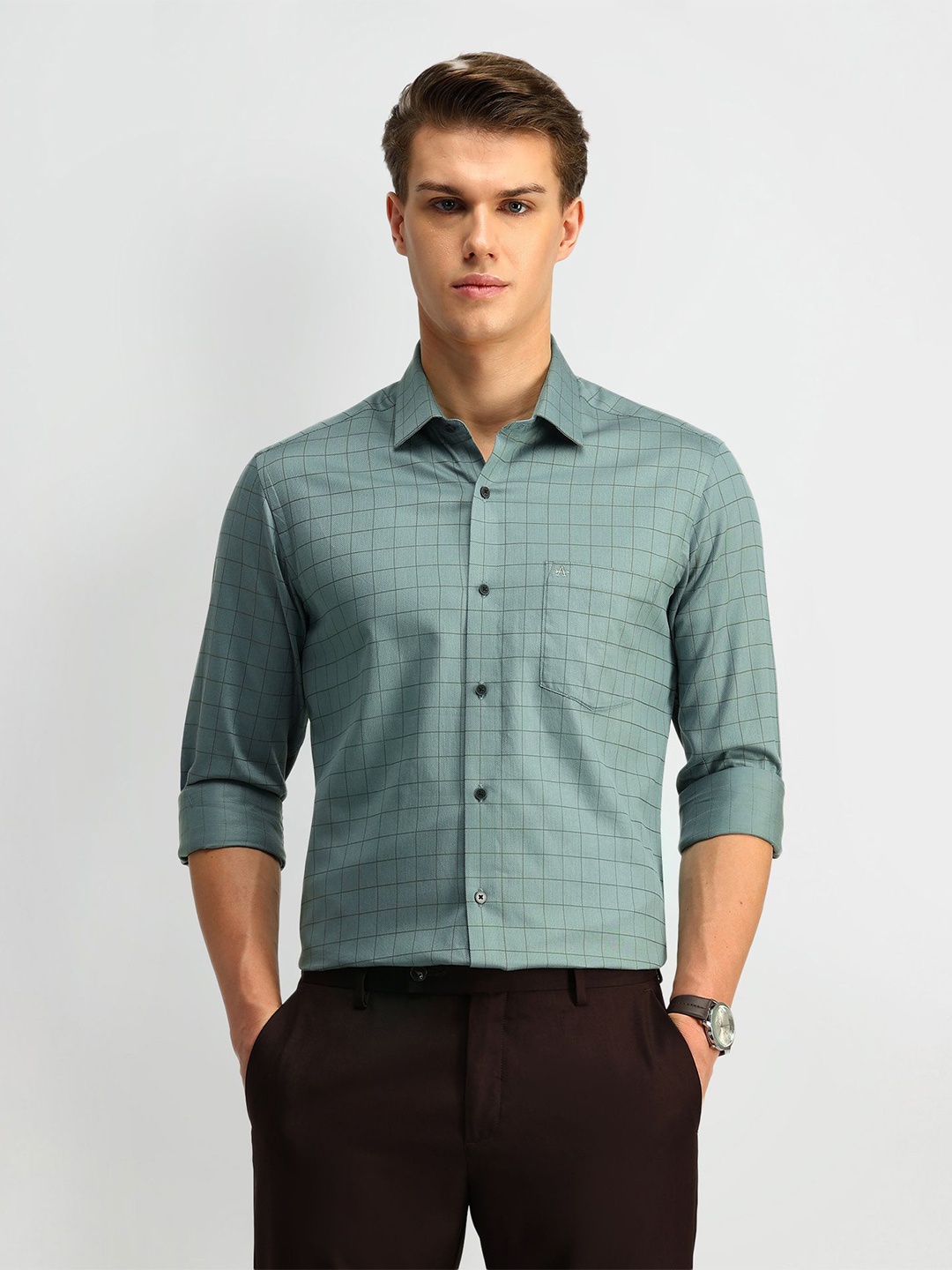 

Arrow Men Manhattan Spread Collar Gingham Checked Cotton Slim Fit Formal Shirt, Green