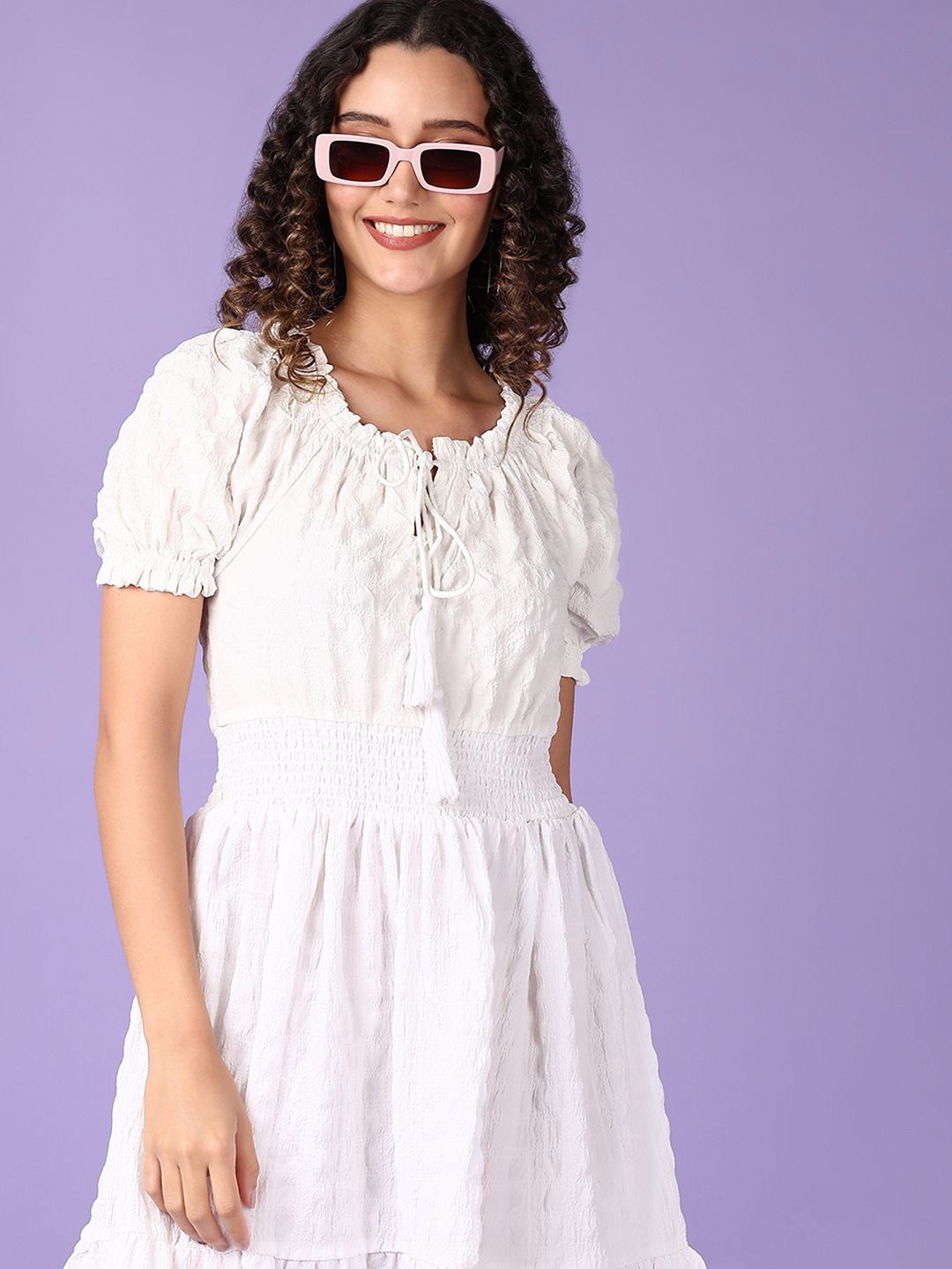 

V-Mart Women Round Neck Puff Sleeve Fit and Flare Dress, White