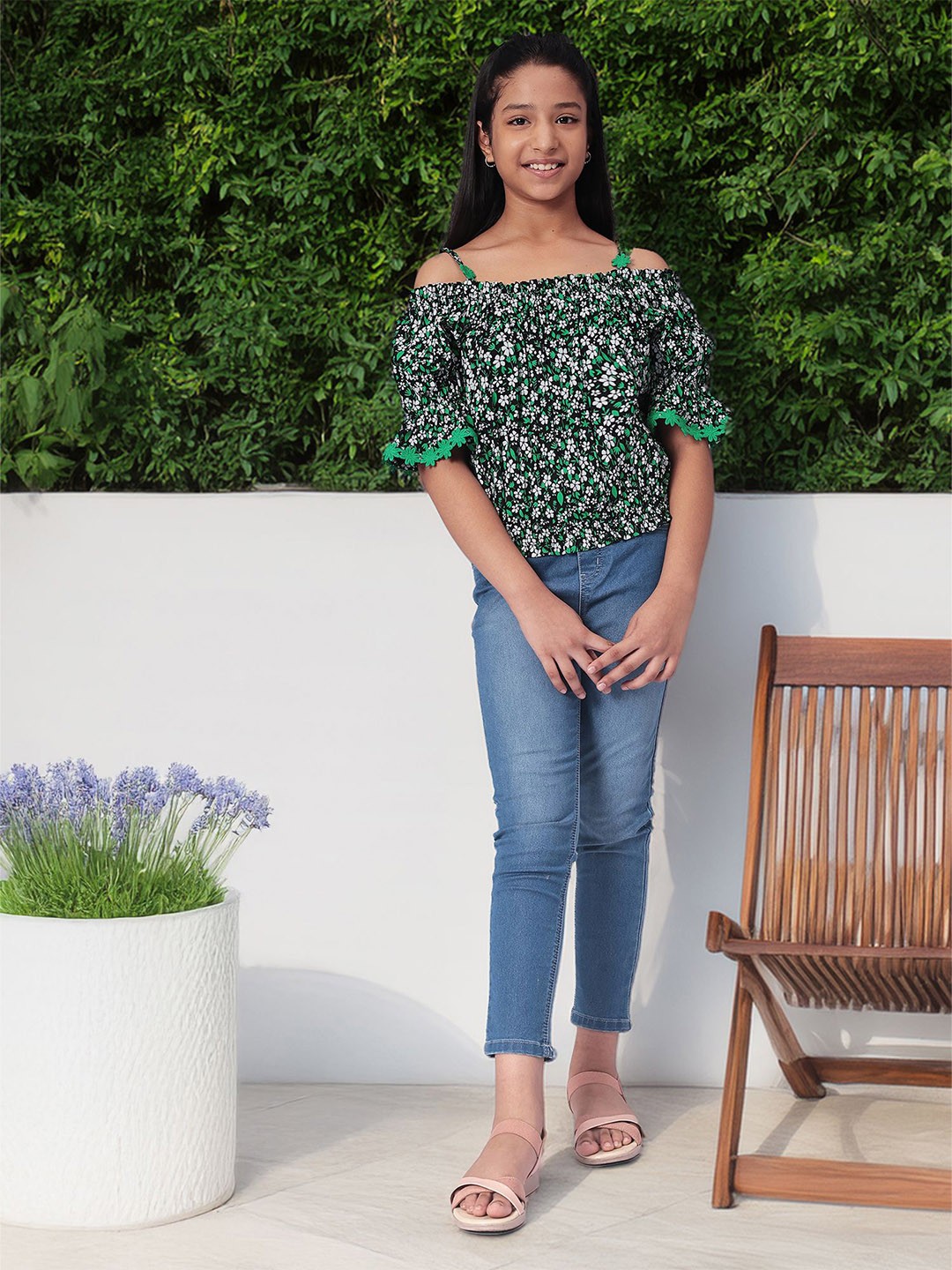 

CACA CINA Girls Floral Printed Bardot Top, Green