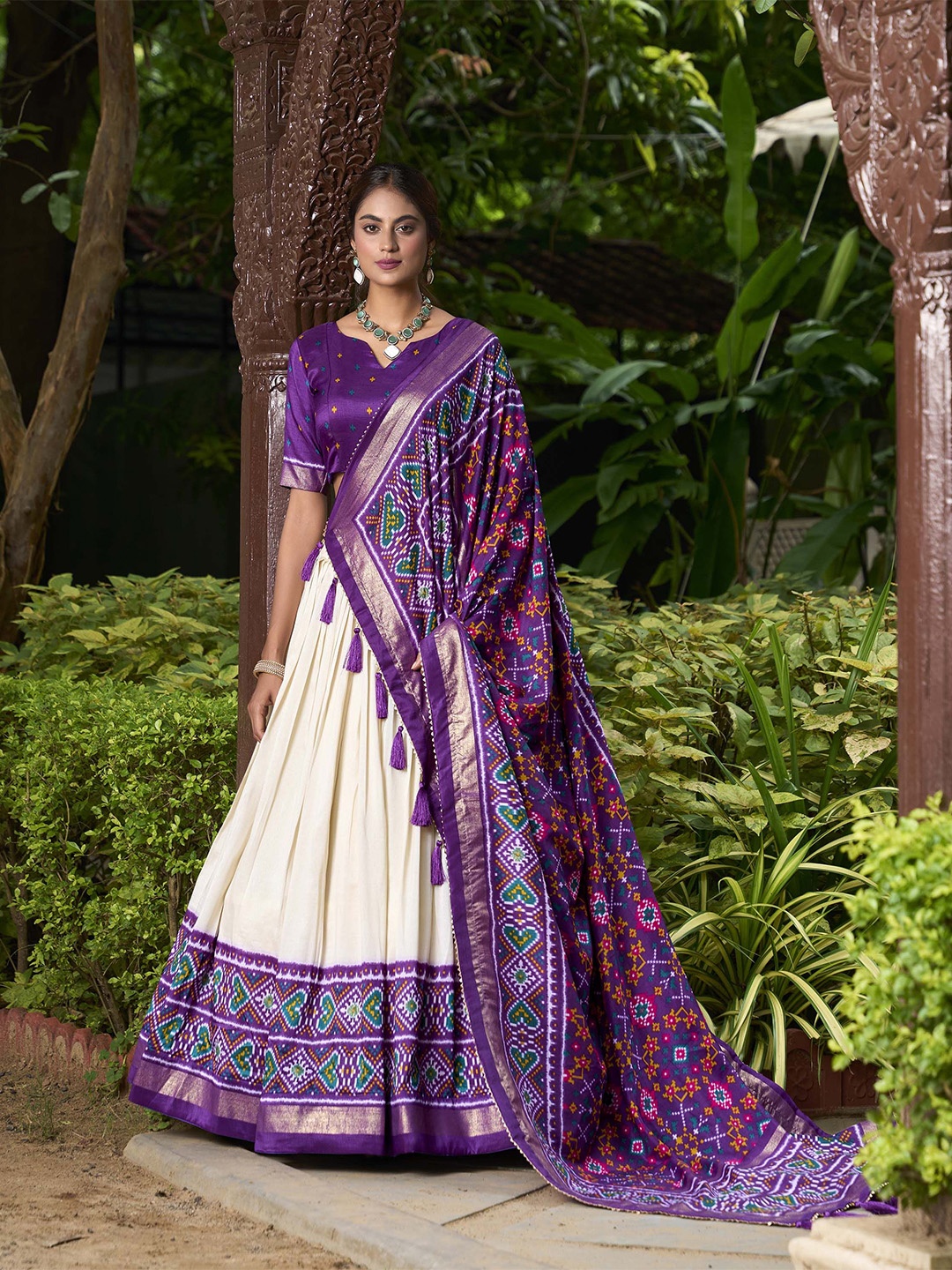 

LOOKNBOOK ART Printed Tussar Silk Semi-Stitched Lehenga & Unstitched Blouse With Dupatta, Purple