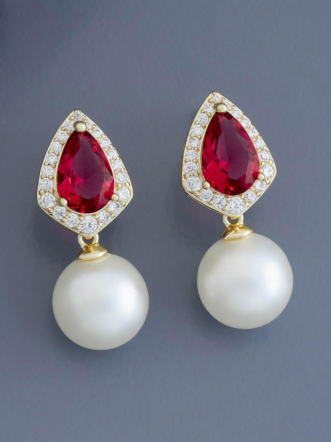 

Kushal's Fashion Jewellery Gold-Plated Teardrop Shaped Cubic Zirconia Drop Earrings, Red