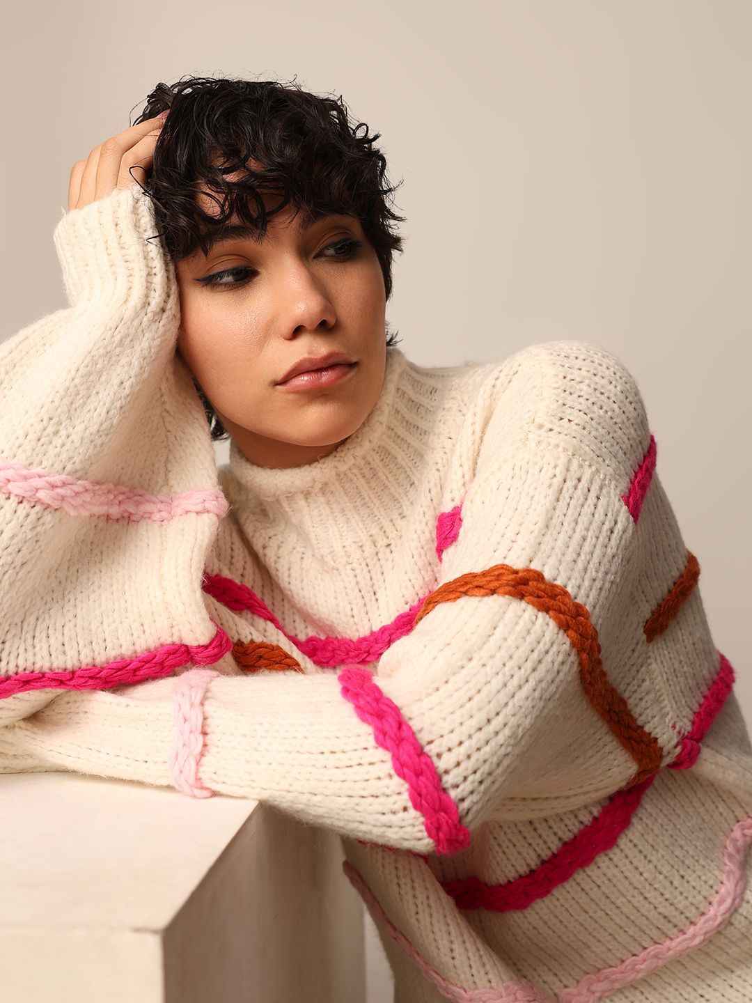 

ONLY Women Self Design Turtle Neck Long Sleeves Pullover Sweaters, Cream