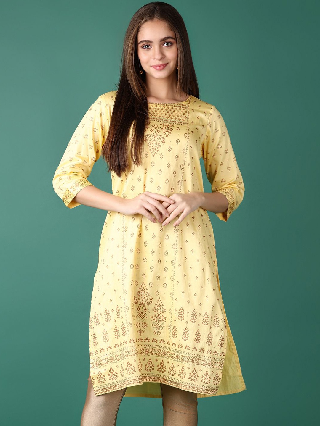 

V-Mart Floral Printed Round Neck Three-Quarter Sleeves Regular Straight Kurta, Yellow