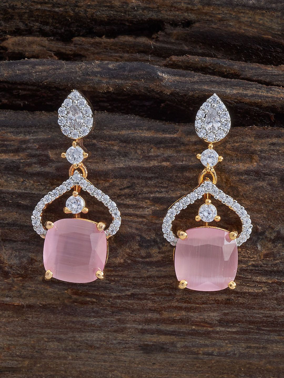 

Kushal's Fashion Jewellery Rhodium-Plated Cubic Zirconia Studded Square Drop Earrings, Gold