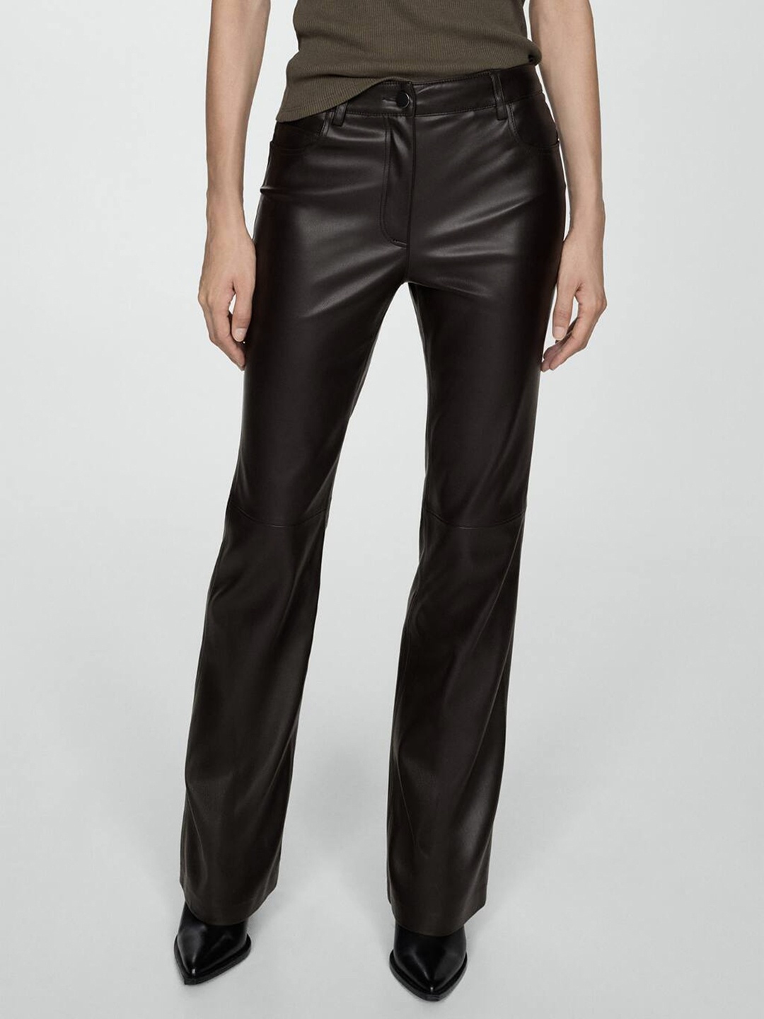 

MANGO Women Skinny Fit Faux Leather Flared Trousers, Black