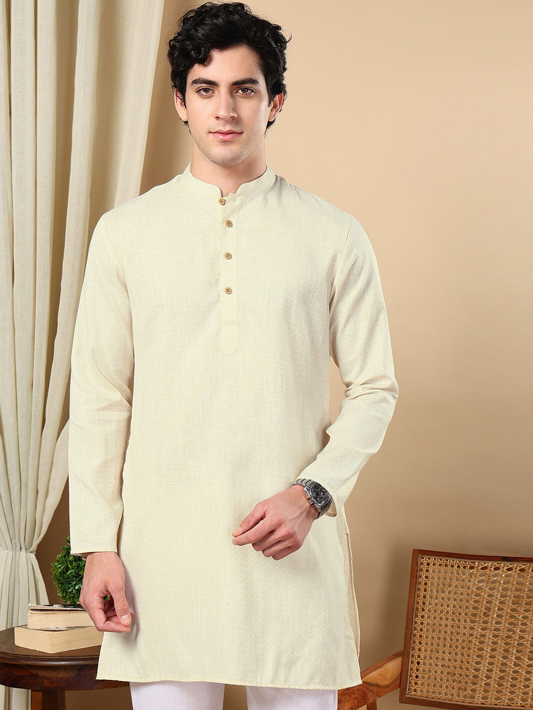 

TATTVA Mandarin Collar Woven Design Straight Kurta, Beige