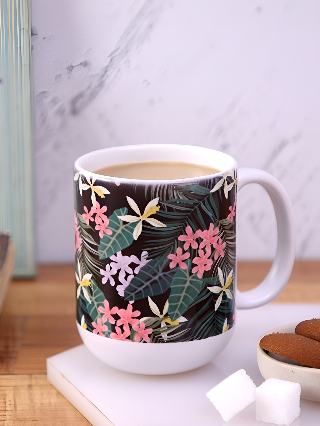 

PENTADECO White & Black Floral Printed Ceramic Glossy Mug-230 ML