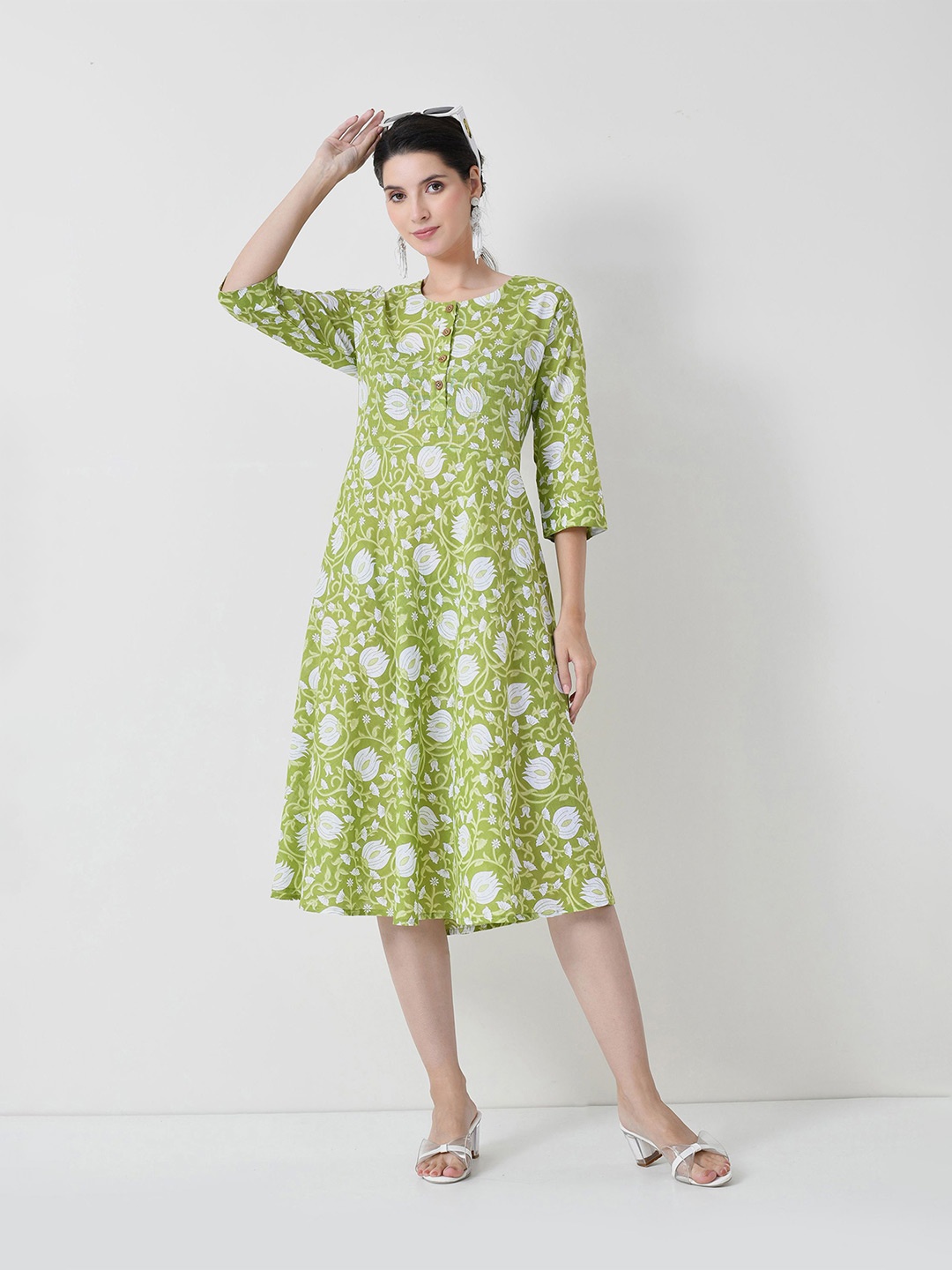 

TOLIKE Women Cotton Round Neck Three-Quarter Sleeves Floral Print A-Line Midi Dress, Green