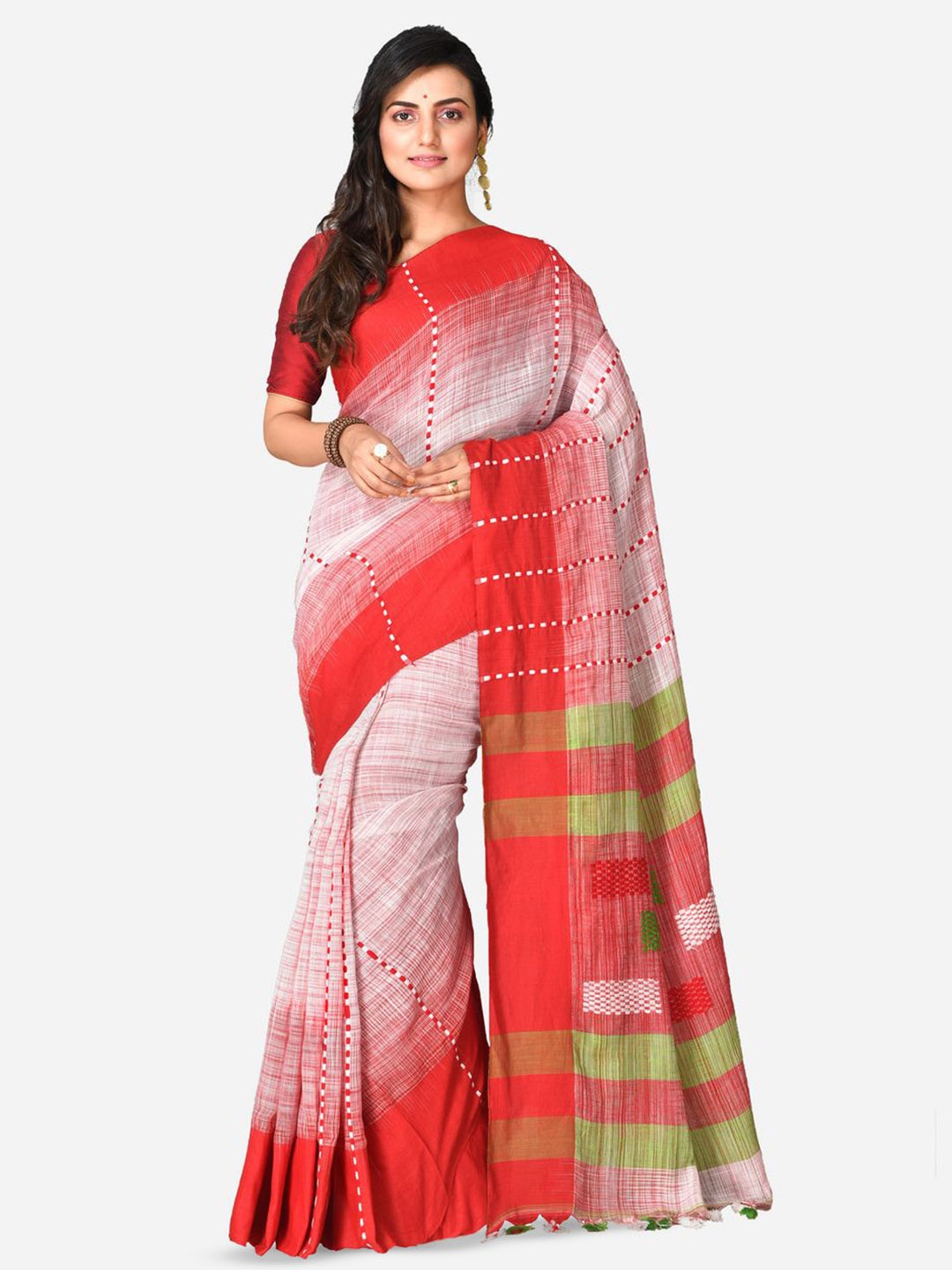 

Crochetin Striped Woven Design Pure Cotton Saree, White