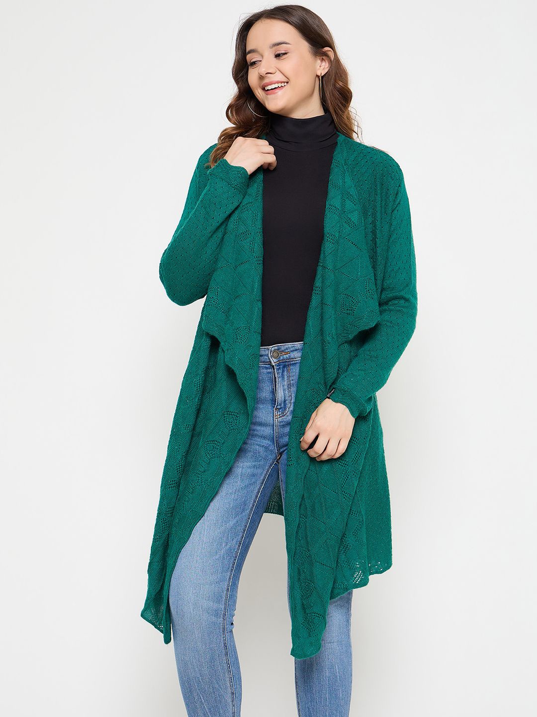 

CREATIVE LINE Self Desgin Longline Woollen Open Front Shrug, Green