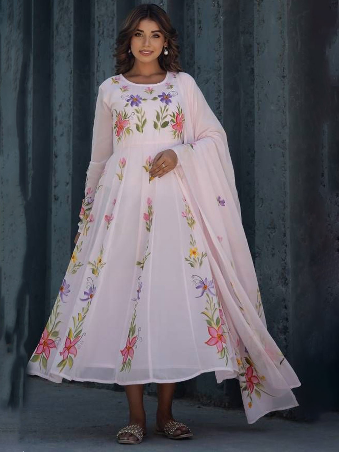 

FLAVIA CREATION Floral Printed Fit and Flare Georgette Ethnic Dress and Dupatta, White