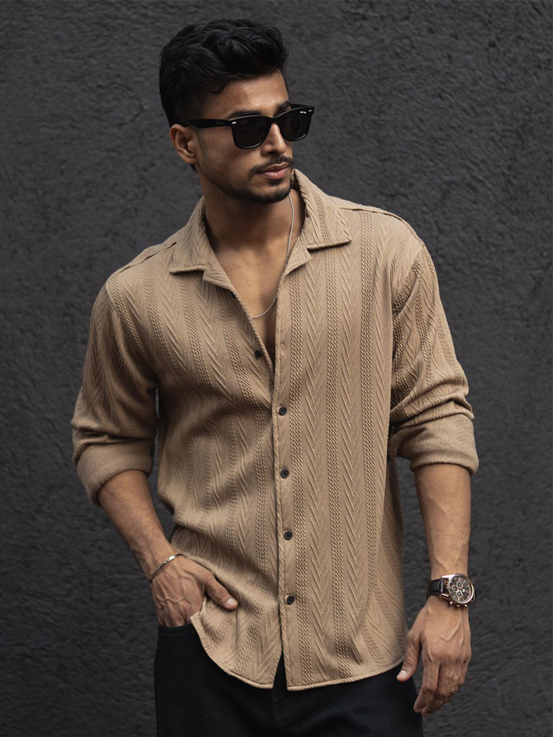 

Powerlook Men Cuban Collar Textured Relaxed Fit Casual Shirt, Beige