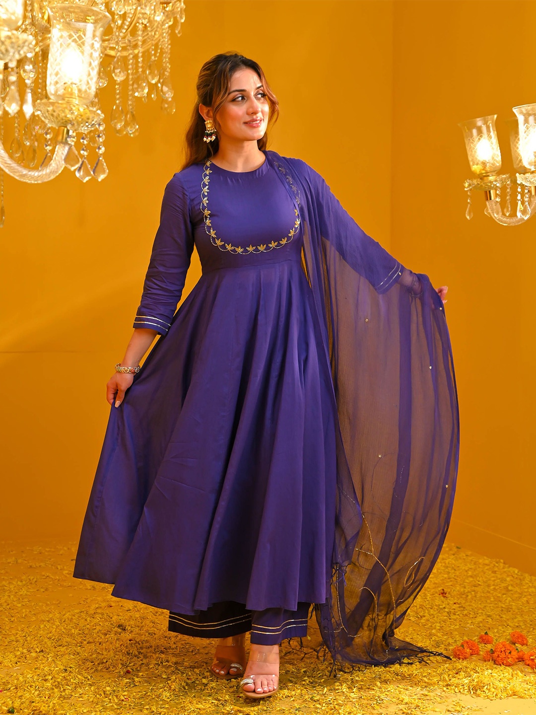 

Bunaai Aari Work Anarkali Kurta With Palazzo & Dupatta, Purple
