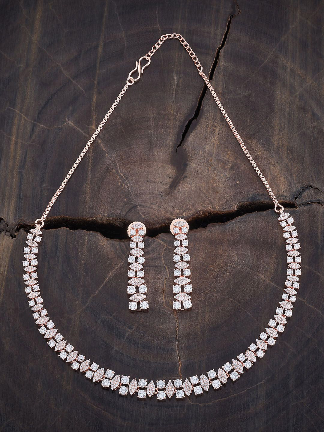 

Kushal's Fashion Jewellery Rose Gold-Plated Stone-Studded Finger Necklace & Earrings