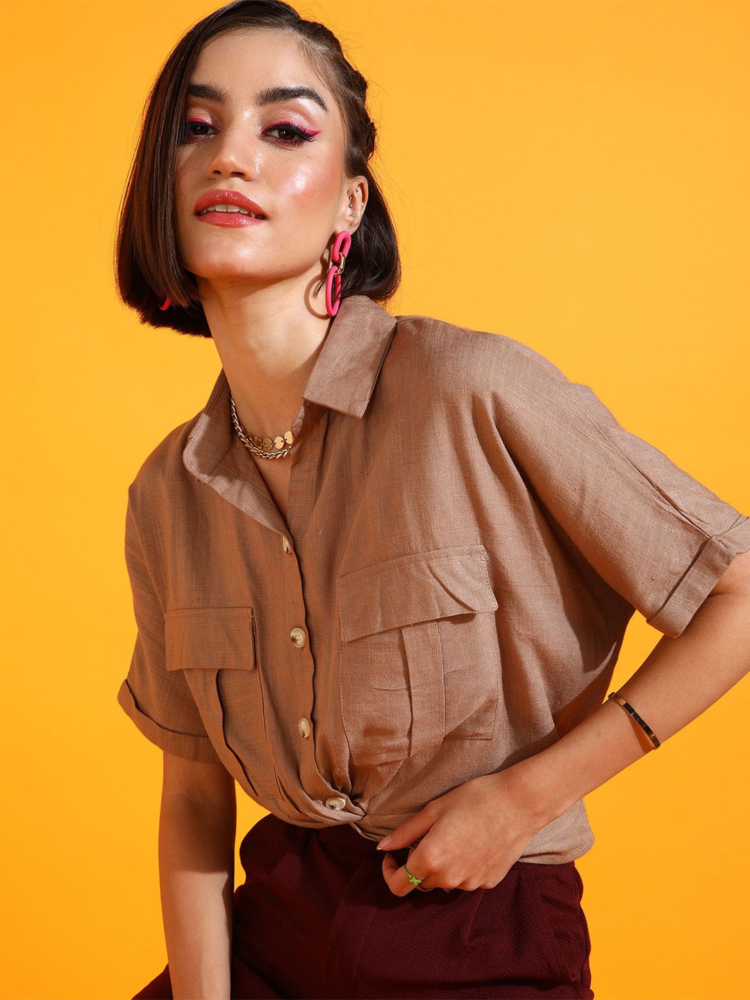 

SHECZZAR Women Spread Collar Solid Cotton Casual Shirt, Brown