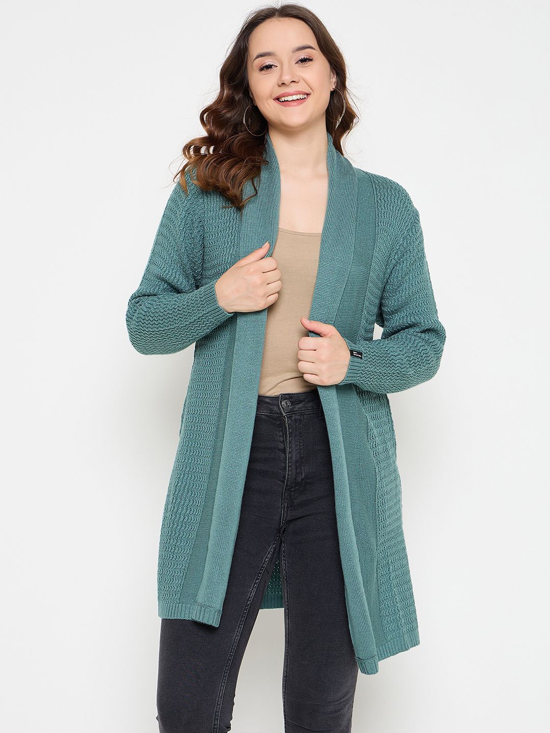 

CREATIVE LINE Self Design Woollen Longline Open Front Shrug, Green