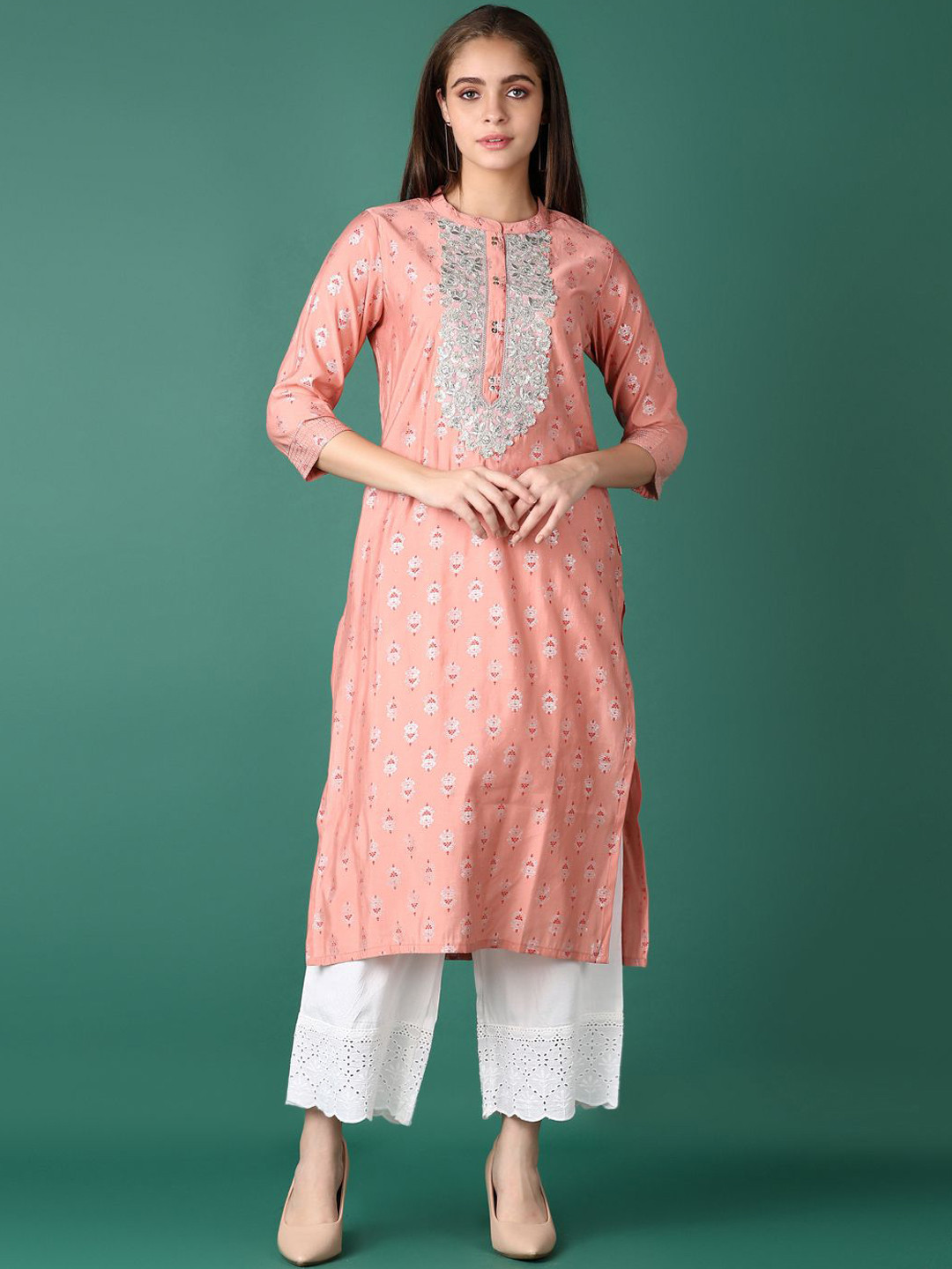 

V-Mart Floral Printed Gotta Patti Mandarin Collar Cotton Straight Kurta, Peach