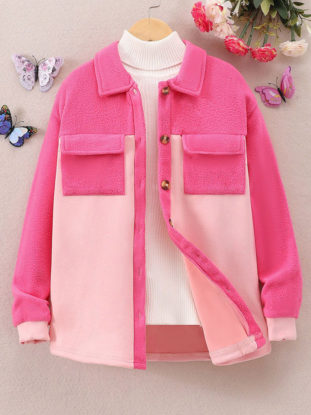 

INCLUD Girls Spread Collar Self Design Casual Parka Jacket, Pink