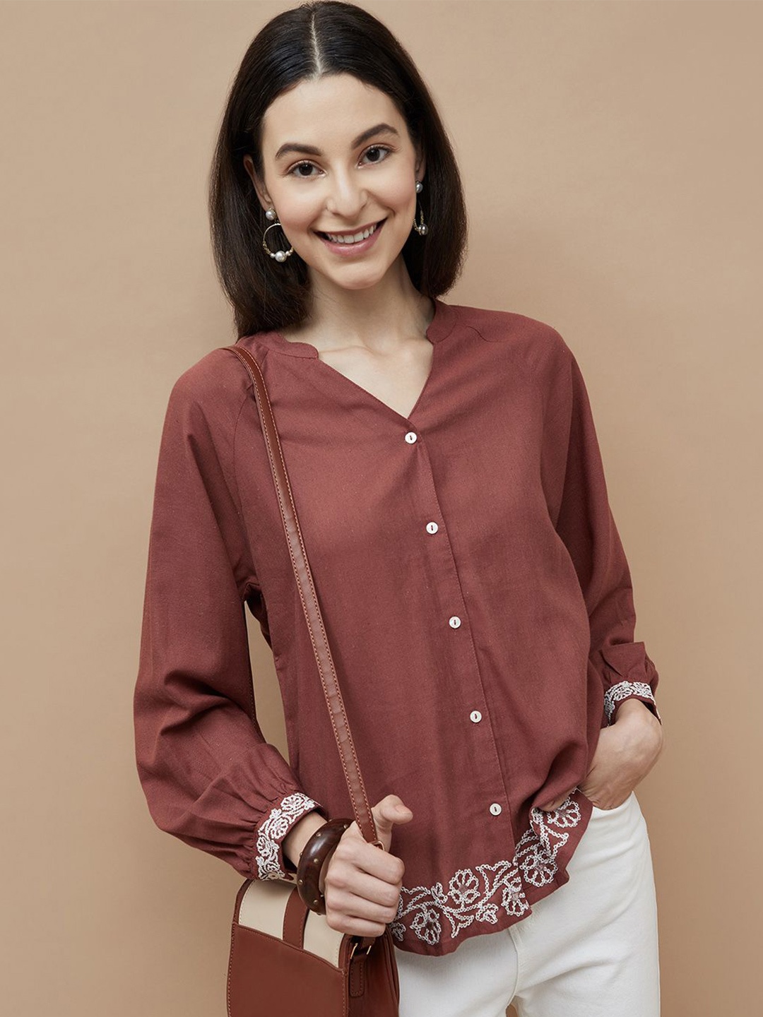 

Colour Me by Melange Women Mandarin Collar Shirt Style Top, Brown