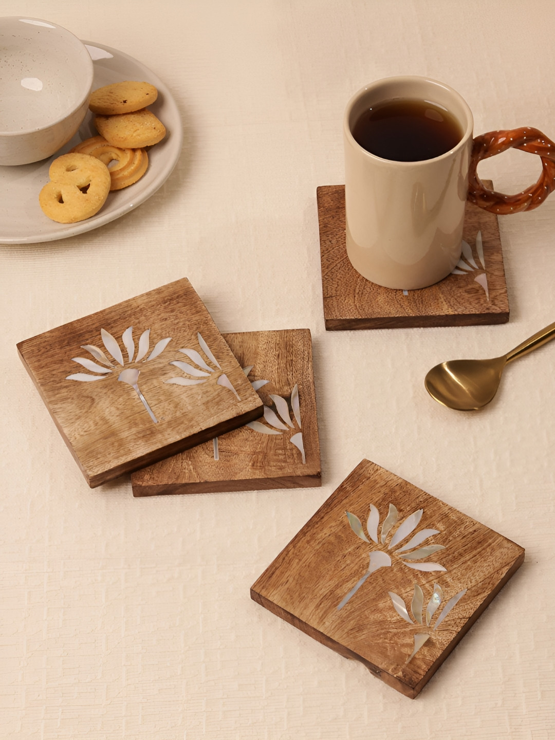 

Glimpse Homes 4 Pieces Square Wooden Coasters With Mother of Pearl Inlay, Brown